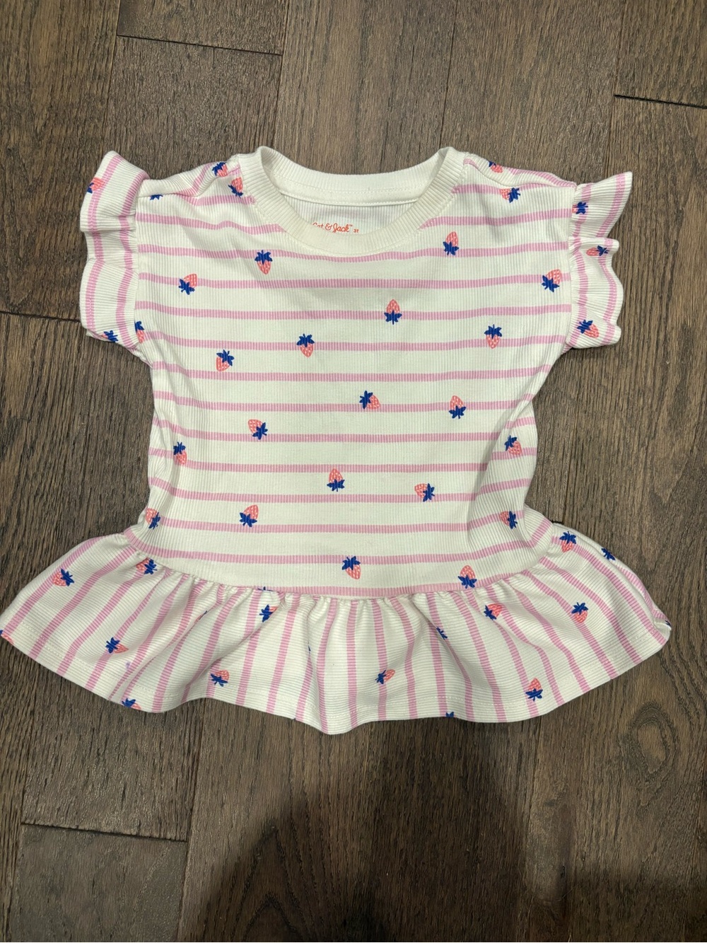 Cat & Jack White and Pink Striped Peplum Top with Blue Strawberry Accents
